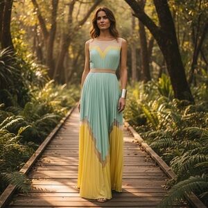 BCBG MAXAZRIA Mint & Yellow Pleated Maxi Dress S